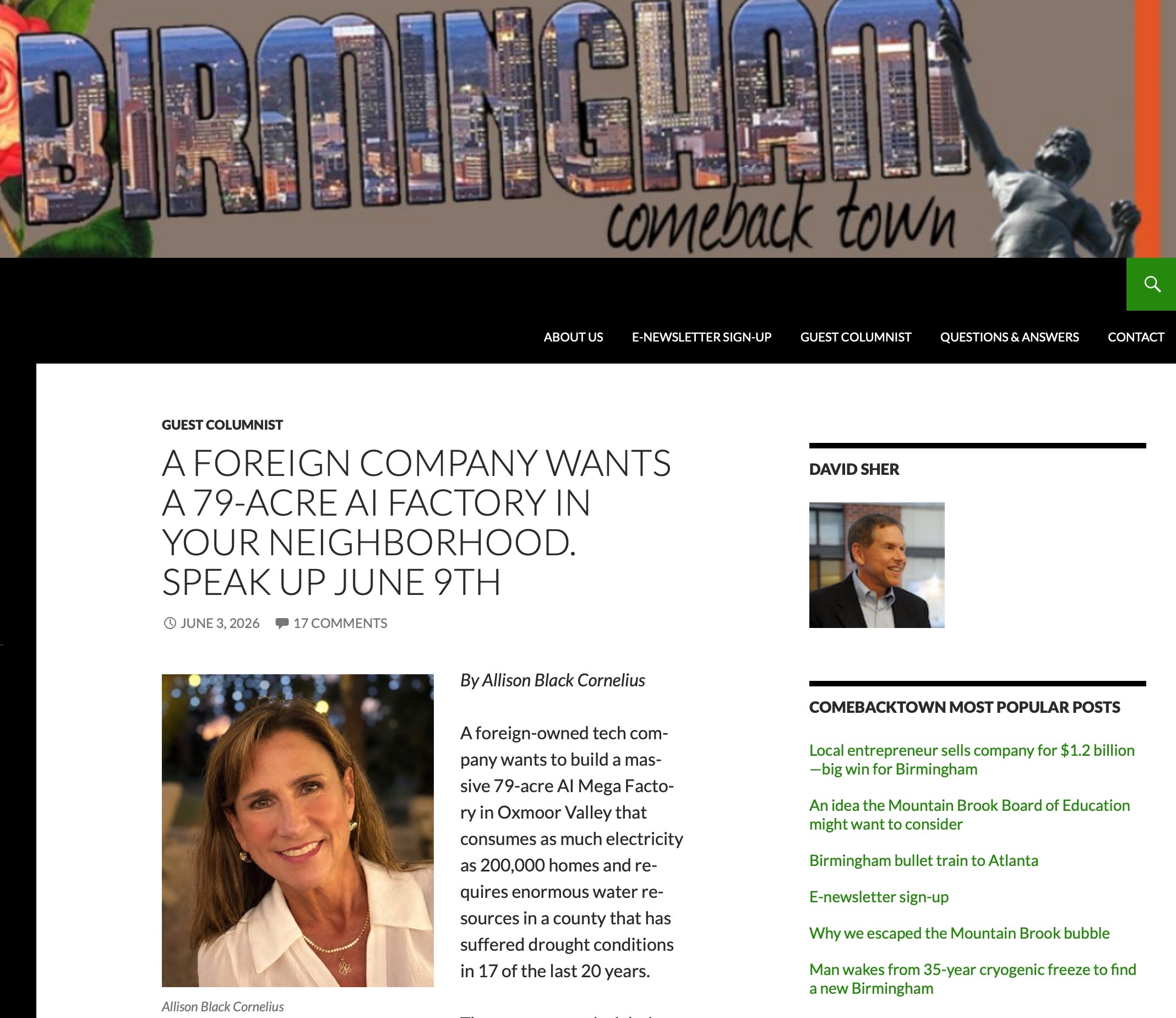 Screenshot of the column as published on the ComebackTown website, below the ComebackTown masthead — the word BIRMINGHAM filled with a city skyline beside the Vulcan statue — showing the headline, a 'By Allison Black Cornelius' byline, and her headshot
