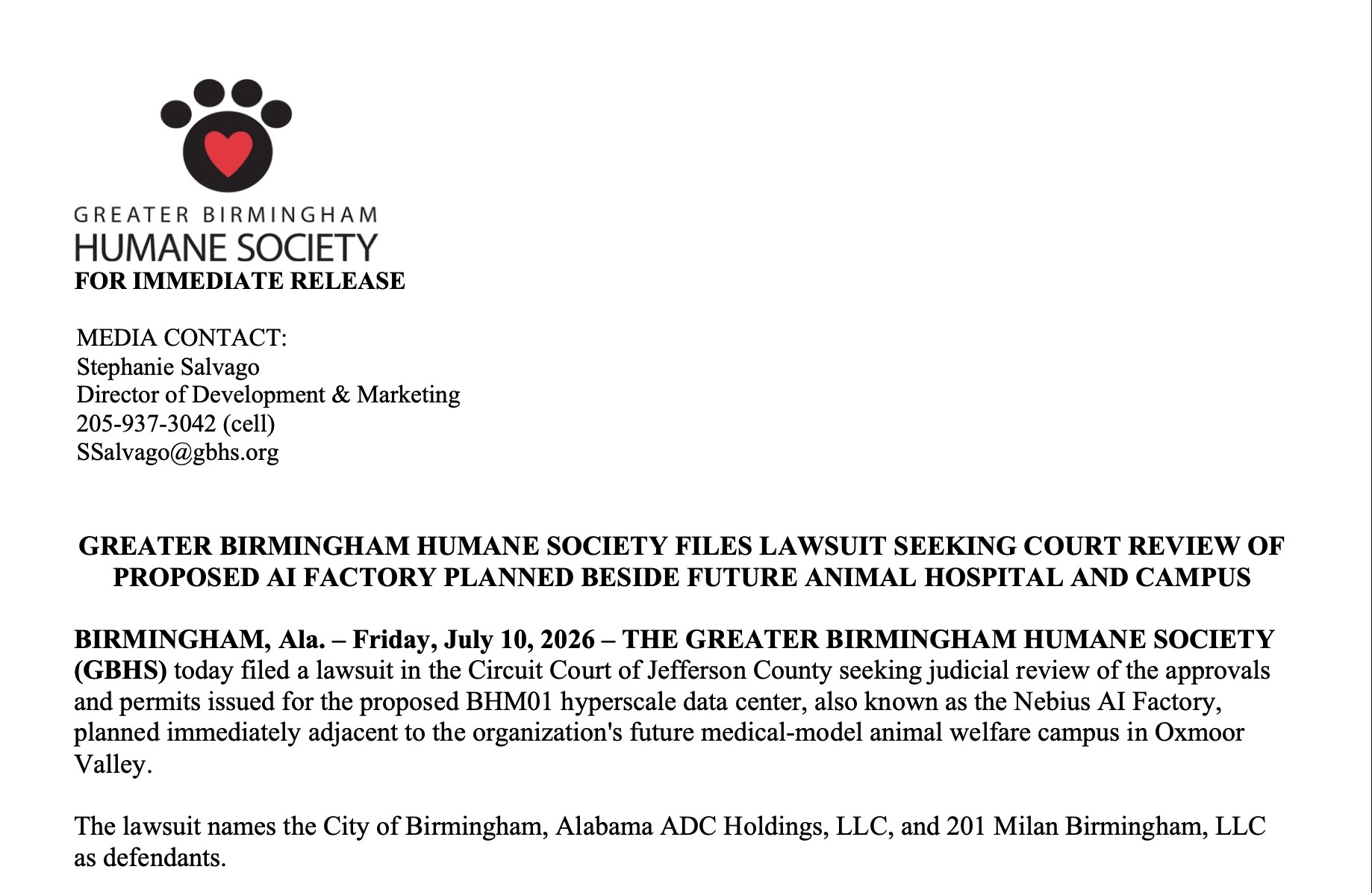 First page of the Greater Birmingham Humane Society press release, on GBHS letterhead with the paw-print-and-heart logo, headlined “Greater Birmingham Humane Society Files Lawsuit Seeking Court Review of Proposed AI Factory Planned Beside Future Animal Hospital and Campus,” dated Friday, July 10, 2026.