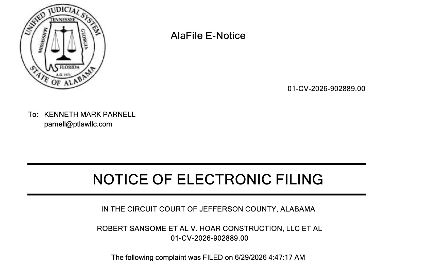 Cover page of the Alabama Unified Judicial System AlaFile E-Notice — a Notice of Electronic Filing for Robert Sansome et al v. Hoar Construction, LLC et al, case 01-CV-2026-902889.00, in the Circuit Court of Jefferson County, Alabama, with the complaint filed June 29, 2026.