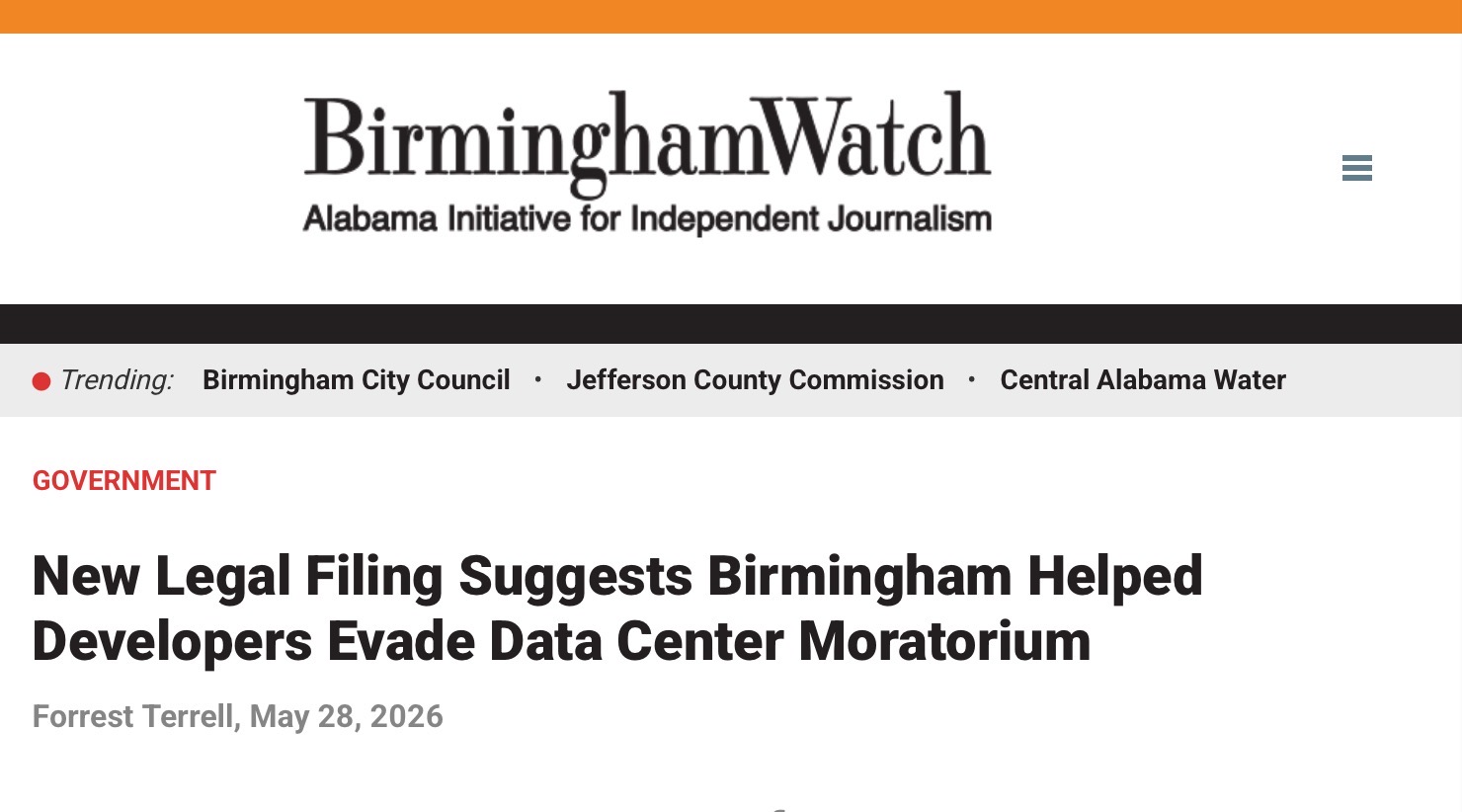 Screenshot of the BirminghamWatch article headline 'New Legal Filing Suggests Birmingham Helped Developers Evade Data Center Moratorium' by Forrest Terrell, May 28, 2026, below the BirminghamWatch masthead
