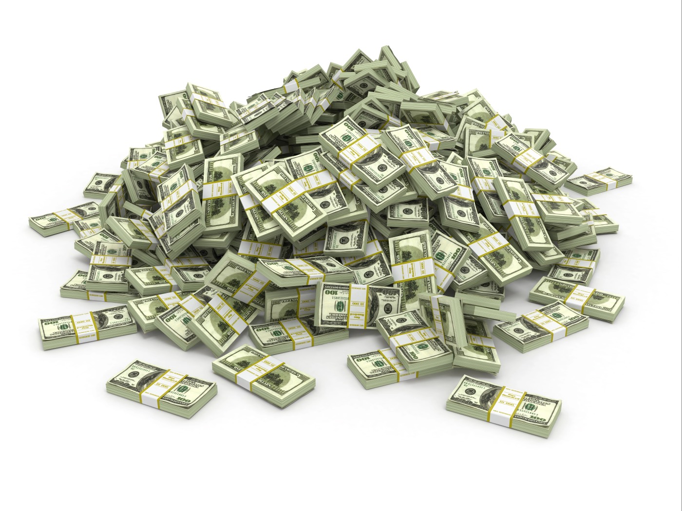 A large pile of banded bundles of U.S. hundred-dollar bills on a white background