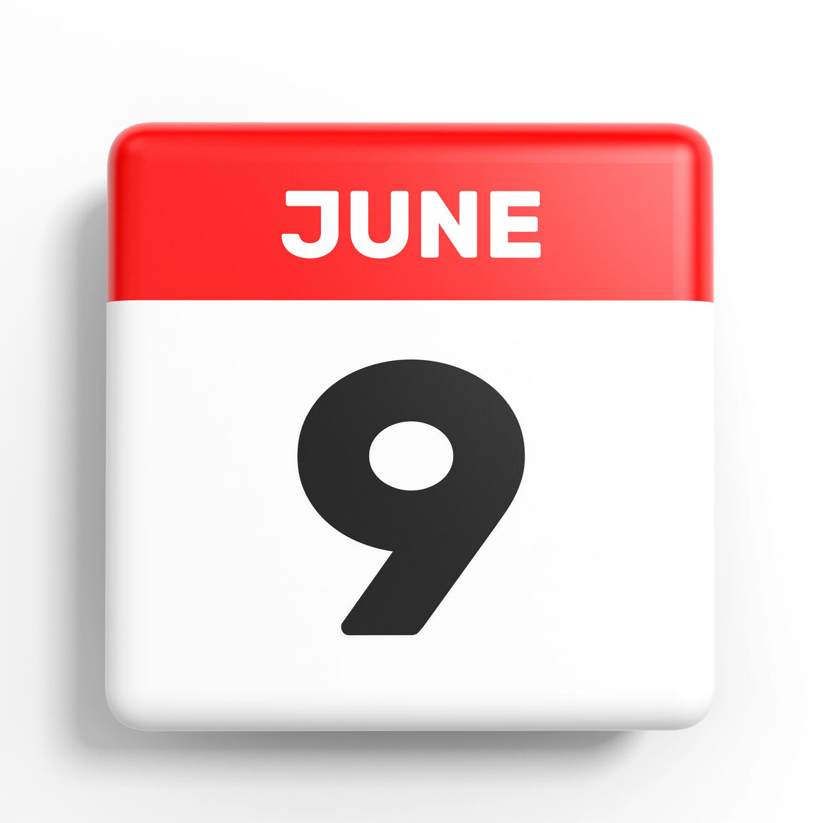 A three-dimensional tear-off desk-calendar page with a red header reading JUNE and a large black numeral 9