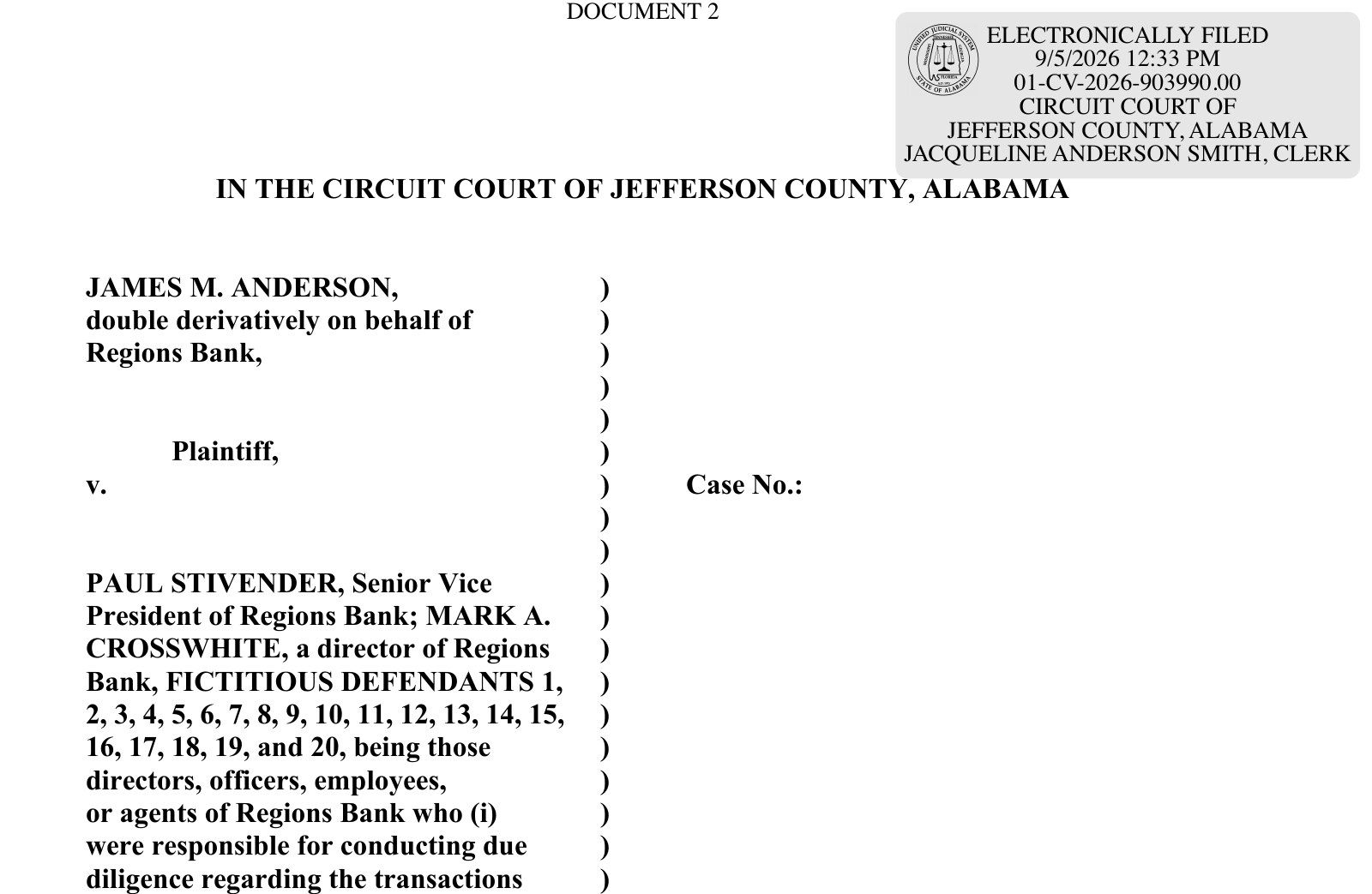 Top portion of the first page of the complaint filed by James M. Anderson, derivatively on behalf of Regions Bank, in the Circuit Court of Jefferson County, Alabama.